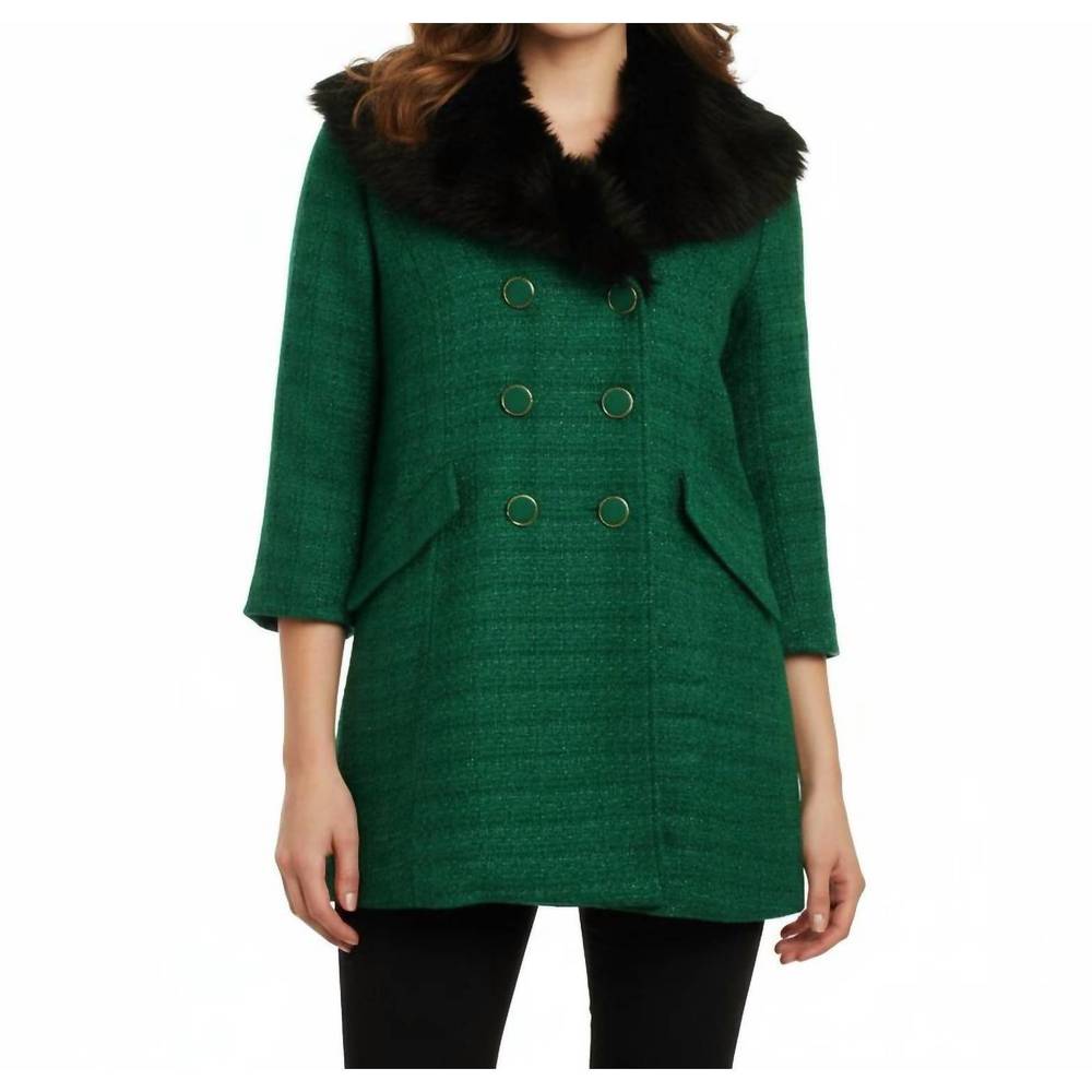 NEW TULLE double breasted coat with faux fur collar in deep emerald
